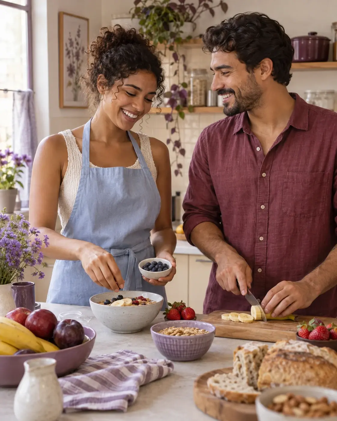 Cena editorial de duas pessoas preparando uma refeição juntas na cozinha