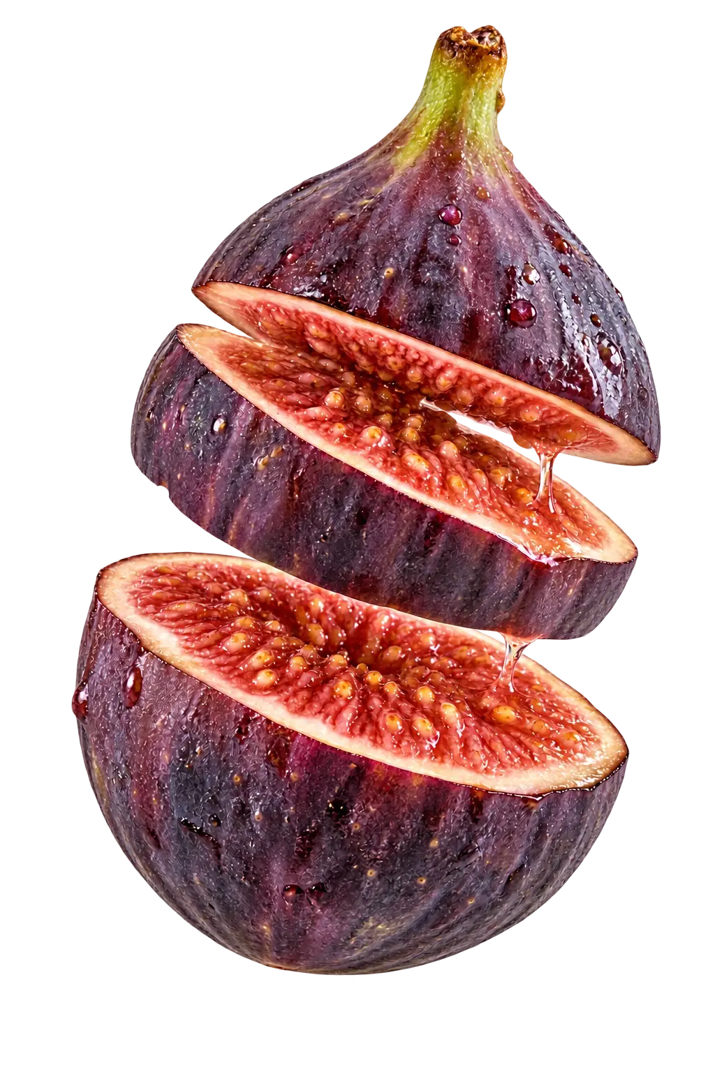Figo roxo cortado em fatias, com o interior rosado em destaque