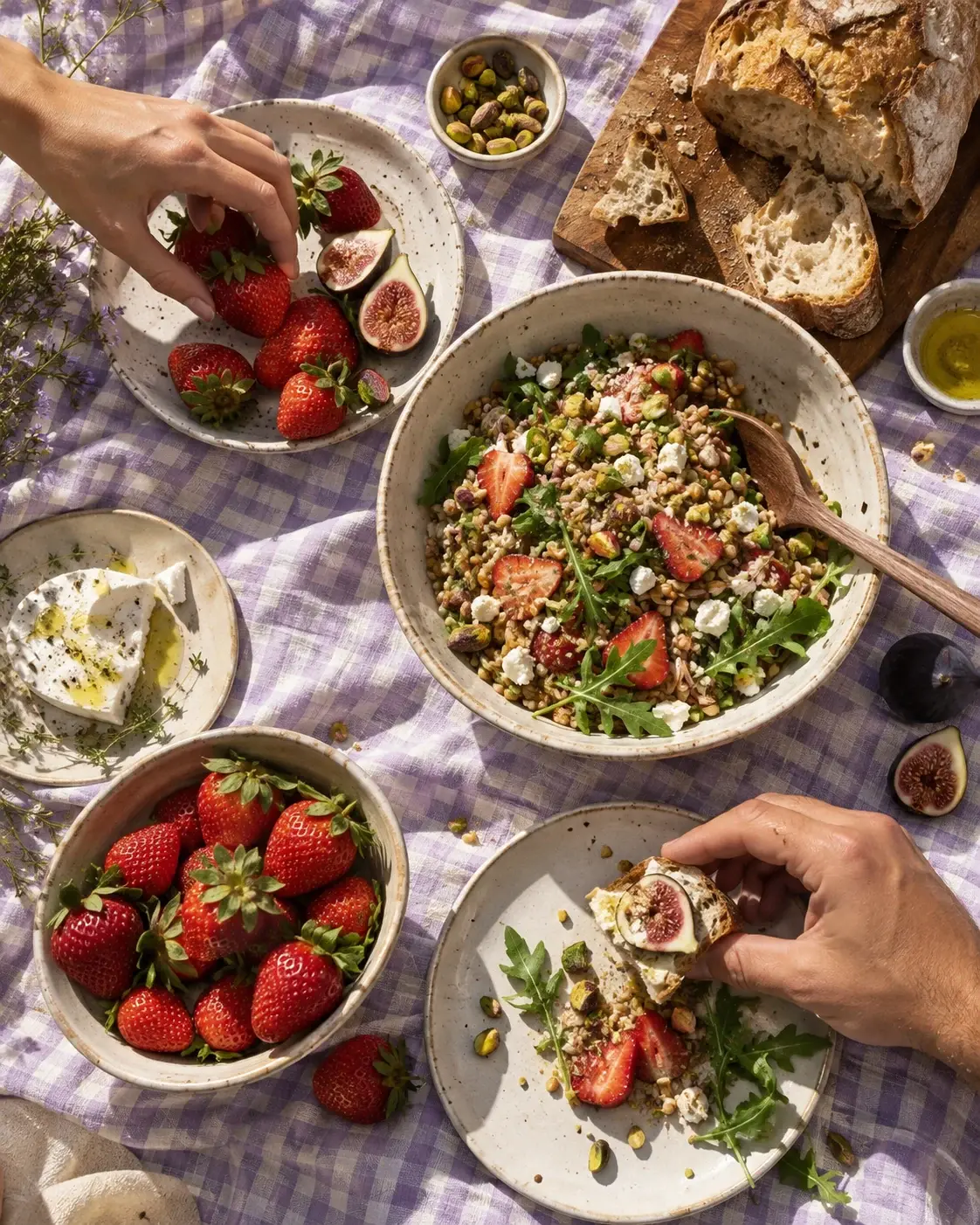 Cena editorial de mãos compartilhando alimentos em um piquenique sobre tecido lilás